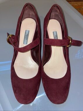 Prada Burgundy Suede Mary Jane Pumps with Gold Buckle